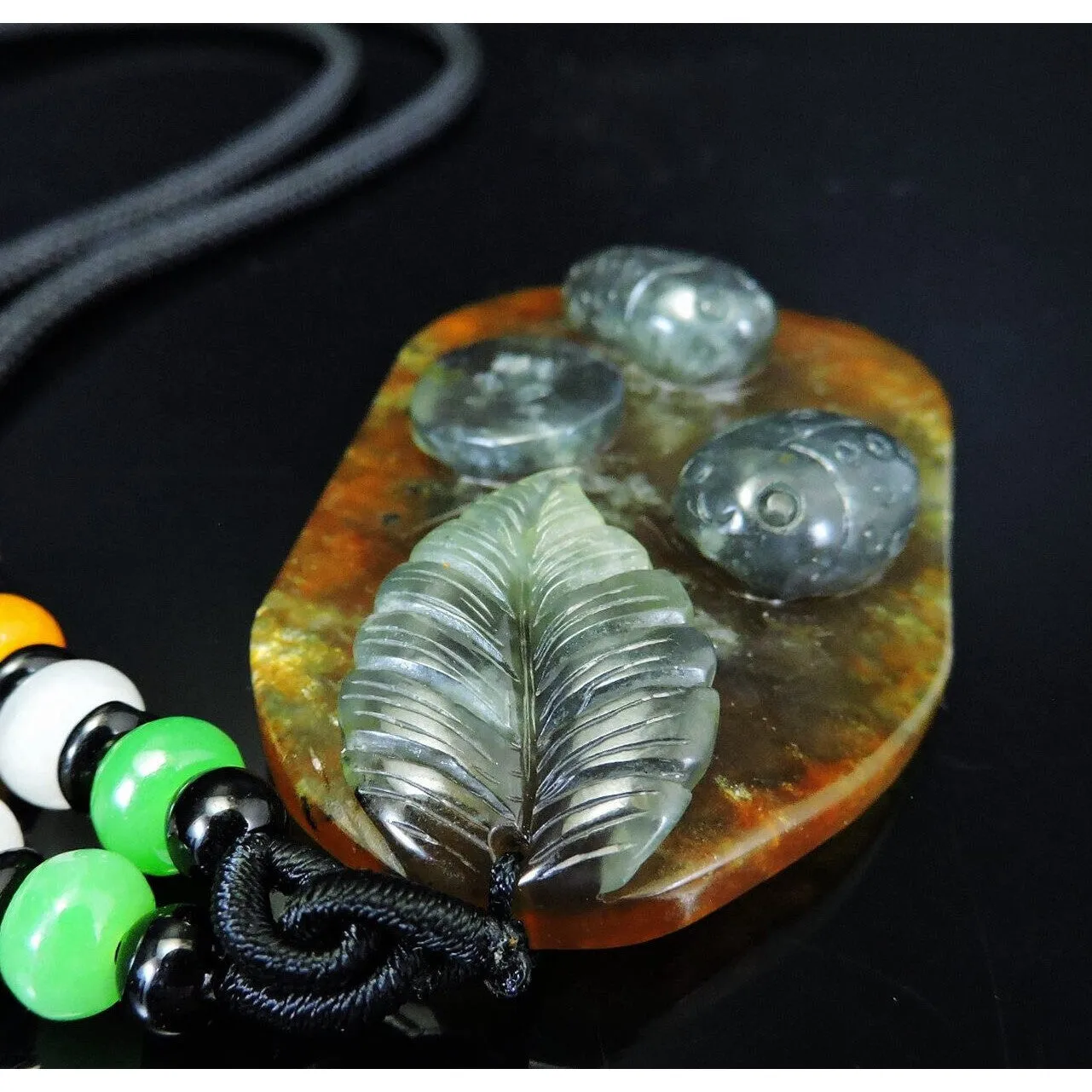 100% Natural Hand-Carved Jade Pendant Jadeite Necklace Beetle & Leaf & Coin