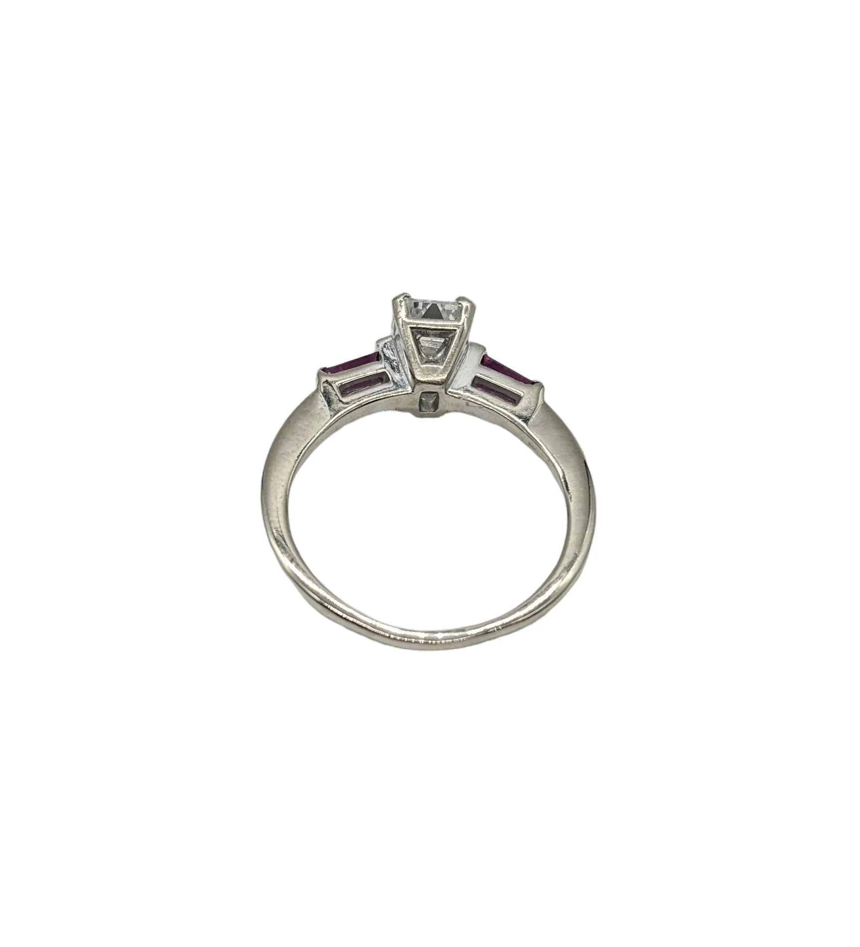 1.01 Carat Total Weight Emerald Cut Diamond Ring with Ruby Side Accents