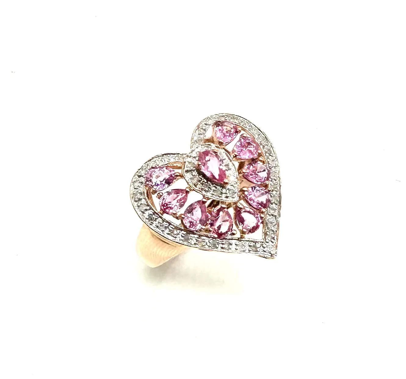 10k Rose Gold Heart Shaped Diamond Halo Ring with Pink Sapphires