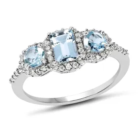 10K White Gold 1.28 Carat Genuine Aquamarine and White Diamond Ring