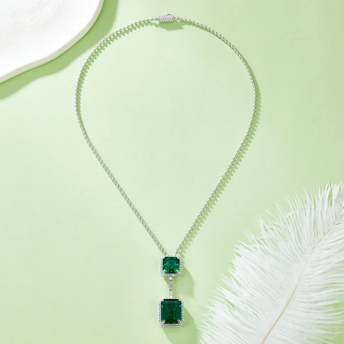 12.7 Carat Double Rectangular Lab-Created Emerald Halo Necklace in S925 Silver with Platinum Plating