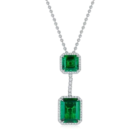 12.7 Carat Double Rectangular Lab-Created Emerald Halo Necklace in S925 Silver with Platinum Plating