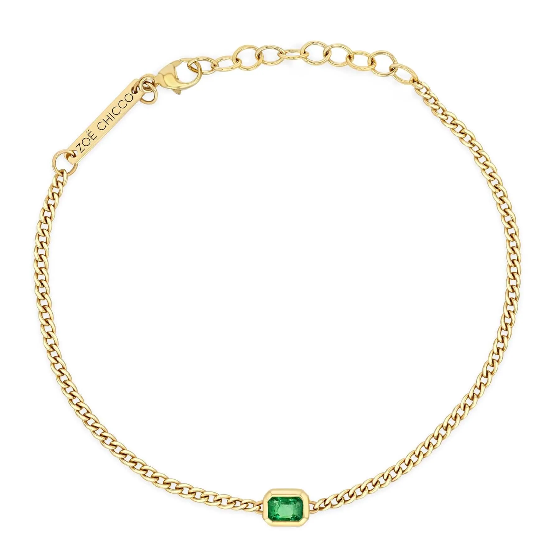 14k Extra Small Curb Chain Emerald Cut Emerald Bezel Bracelet