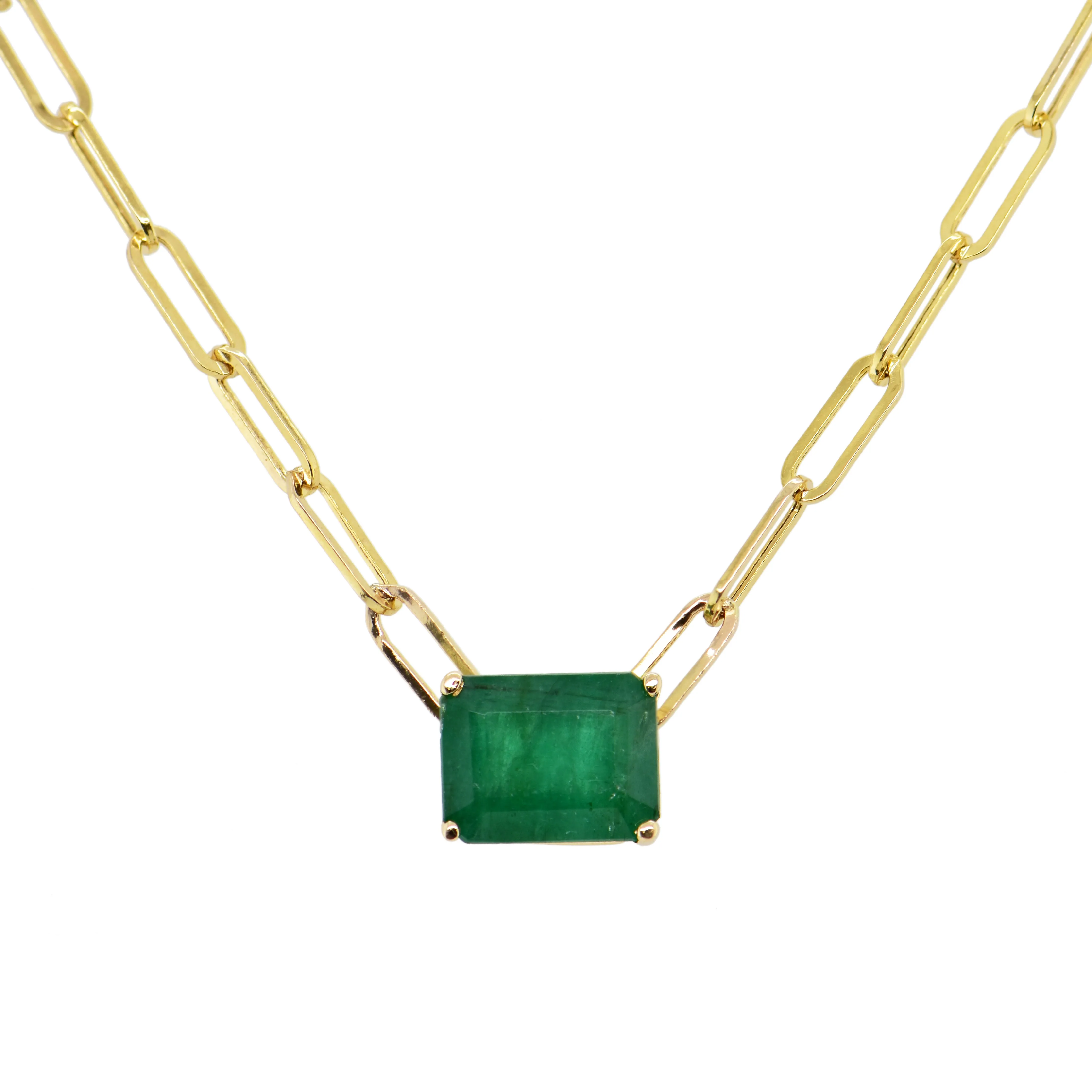 14k Gold & Emerald Paperclip Link Necklace - 2.05ct