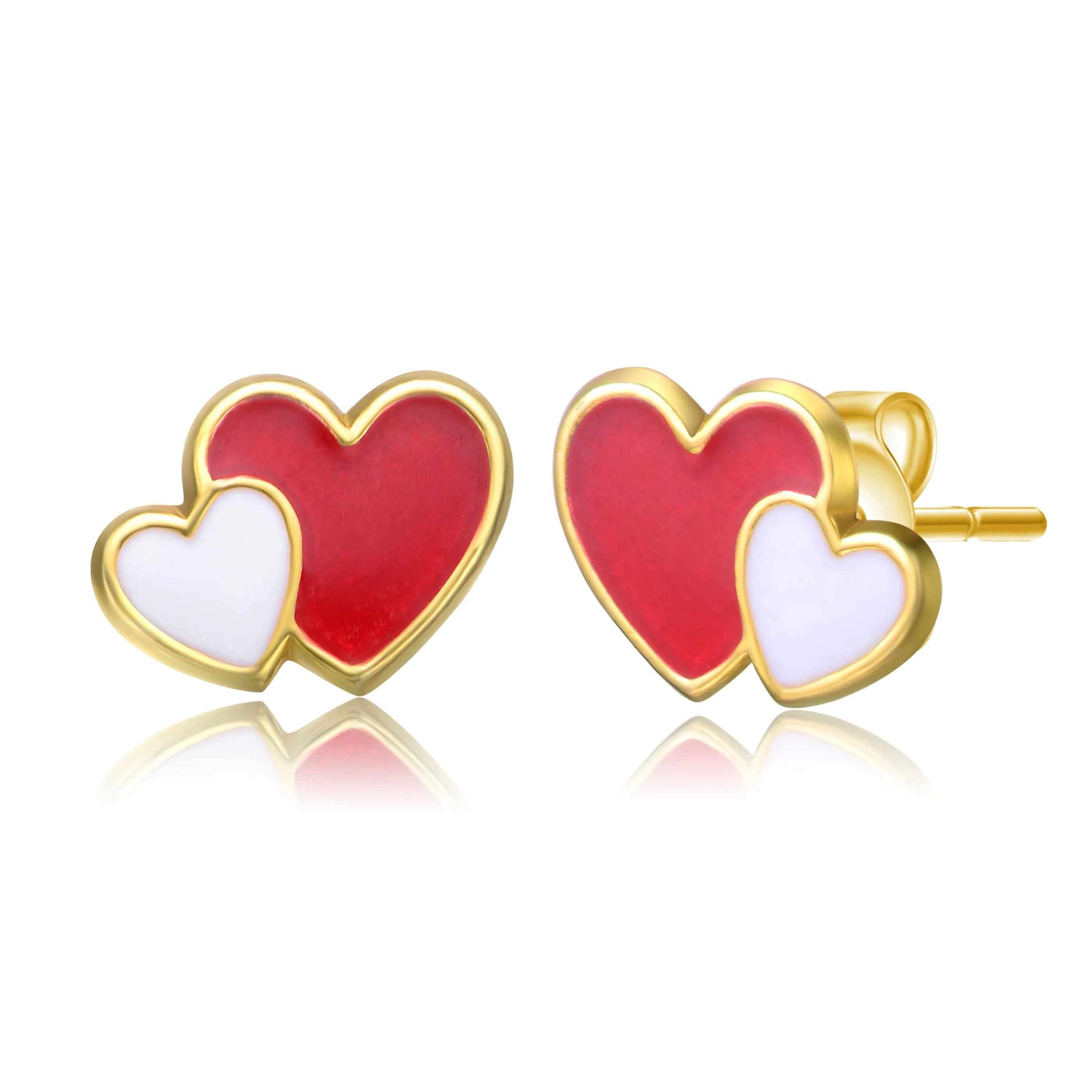 14k Gold Plated Red & White Enamel Double Heart Stud Earrings