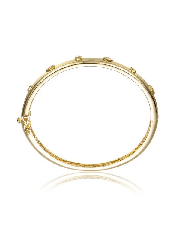 14k Gold Plated with Clear Cubic Zirconia Grooved Bangle Bracelet