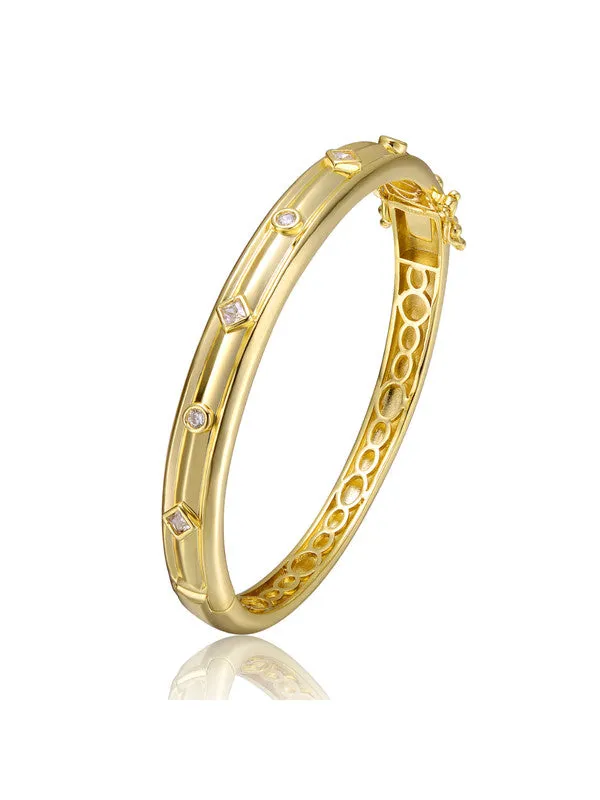 14k Gold Plated with Clear Cubic Zirconia Grooved Bangle Bracelet