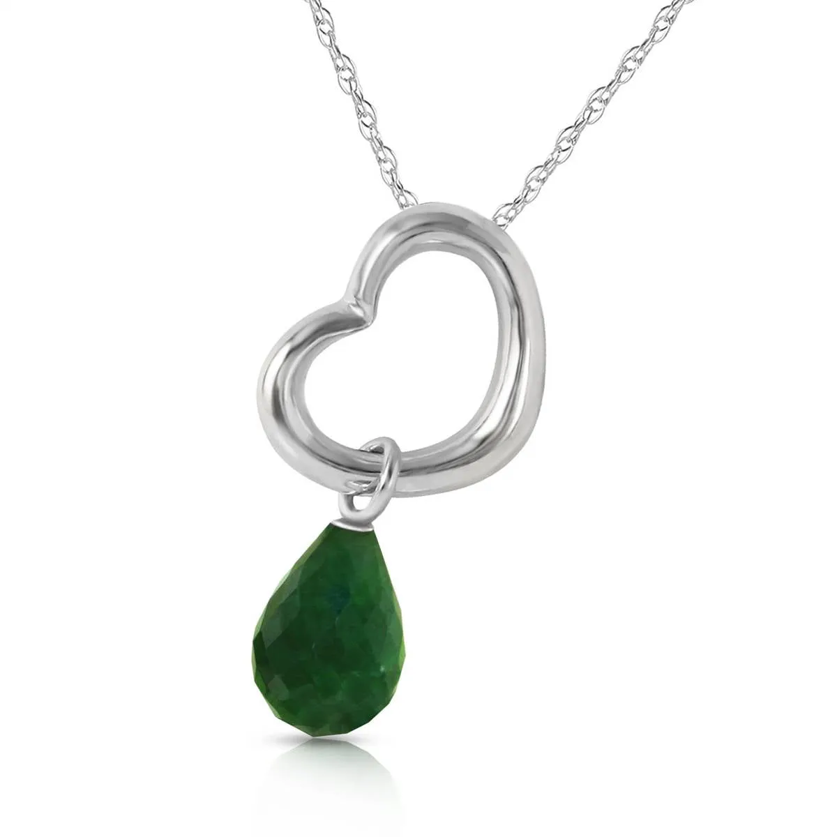 14K Solid White Gold Heart Necklace w/ Dangling Natural Emerald