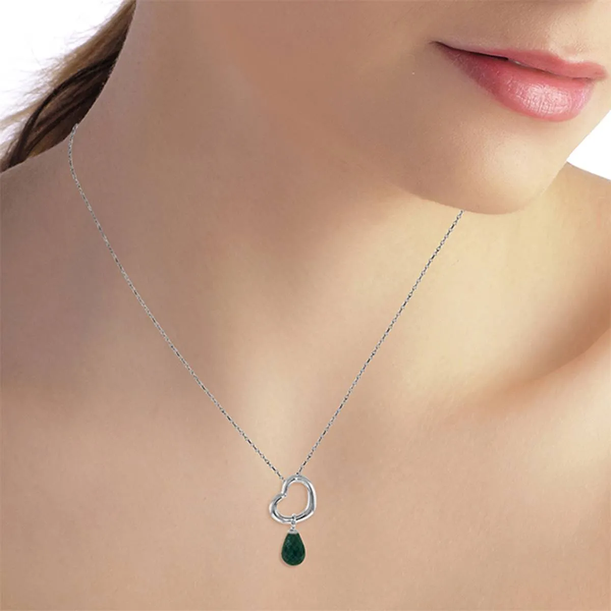 14K Solid White Gold Heart Necklace w/ Dangling Natural Emerald