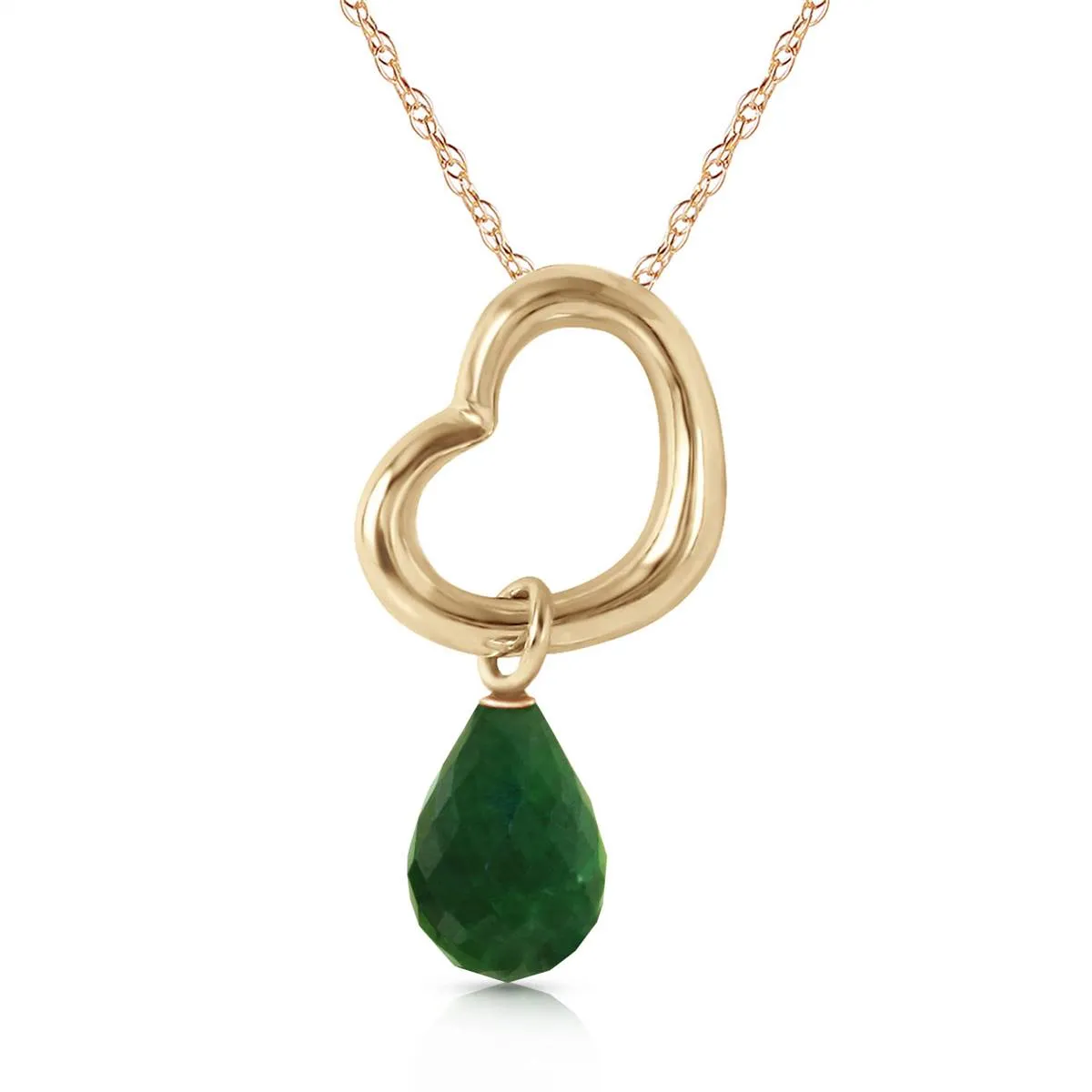 14K Solid Yellow Gold Heart Necklace w/ Dangling Natural Emerald