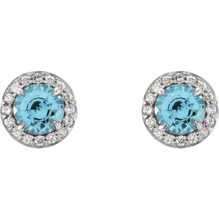 14K White 3.5 mm Natural Blue Zircon & 1/8 CTW Natural Diamond Earrings