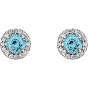 14K White 3.5 mm Natural Blue Zircon & 1/8 CTW Natural Diamond Earrings