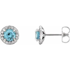 14K White 4 mm Natural Blue Zircon & 1/10 CTW Natural Diamond Earrings