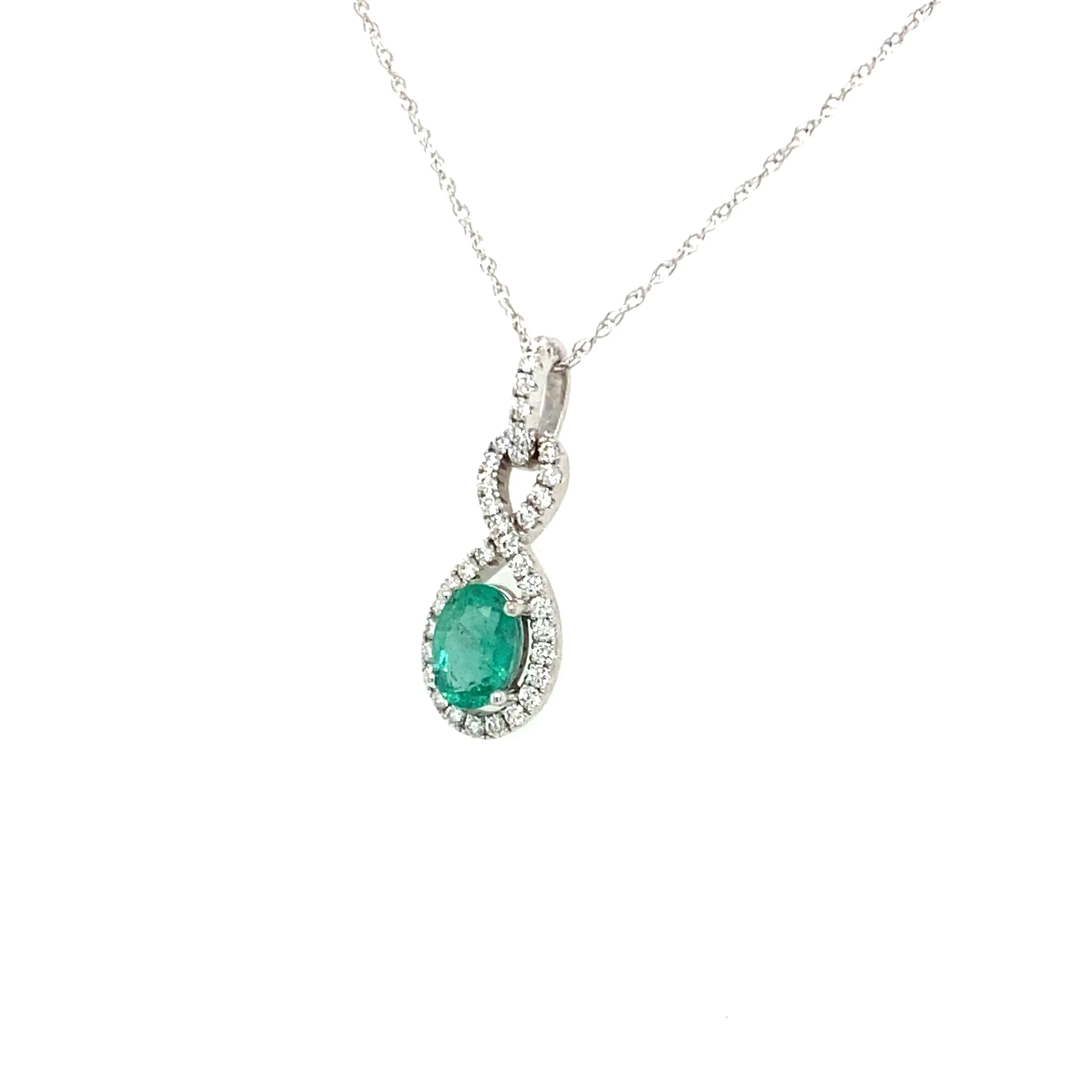 14K White Gold Emerald and Diamond Halo Necklace