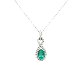 14K White Gold Emerald and Diamond Halo Necklace