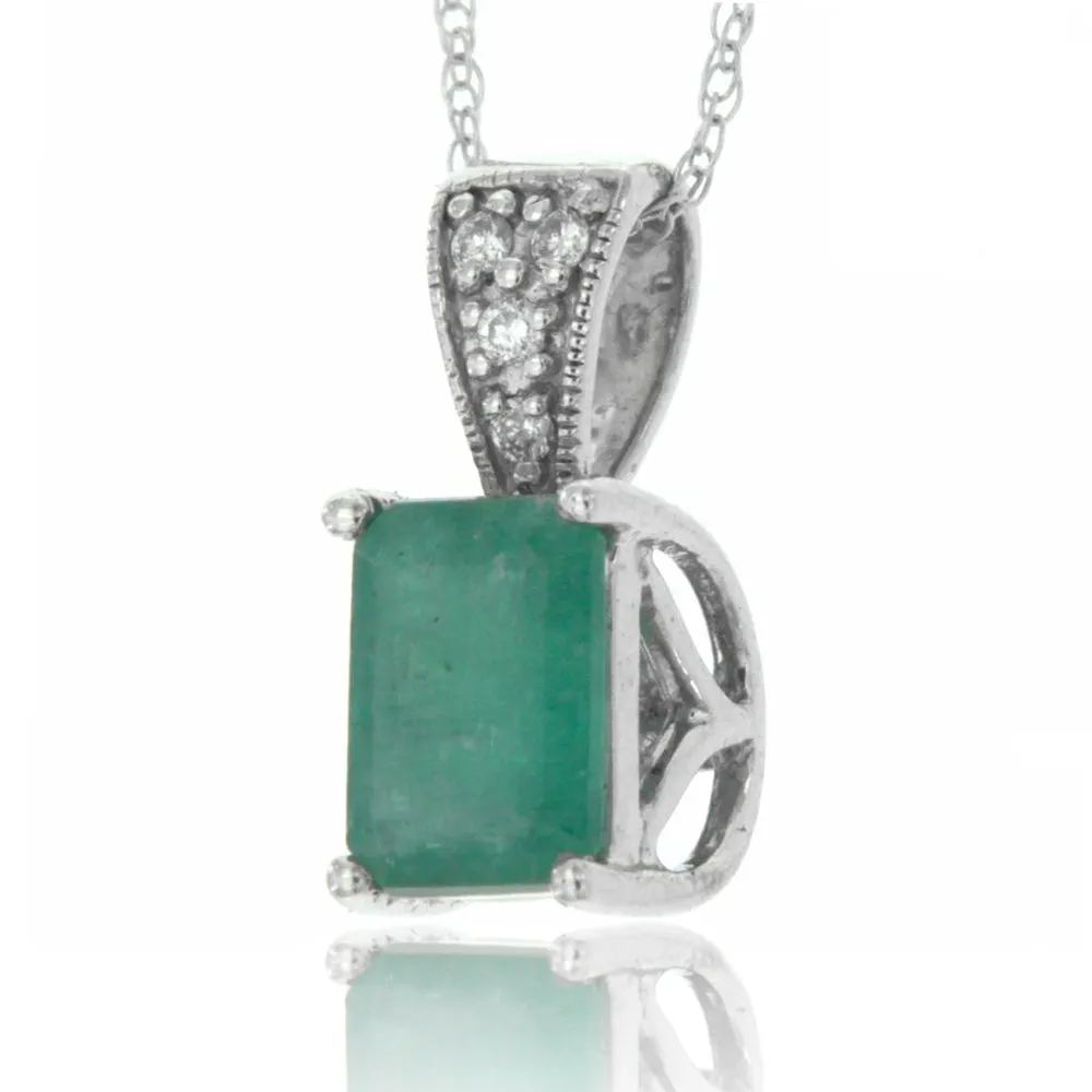 14k White Gold Green Emerald and Diamond Gemstone Pendant , Birthstone of May with 18" Chain.