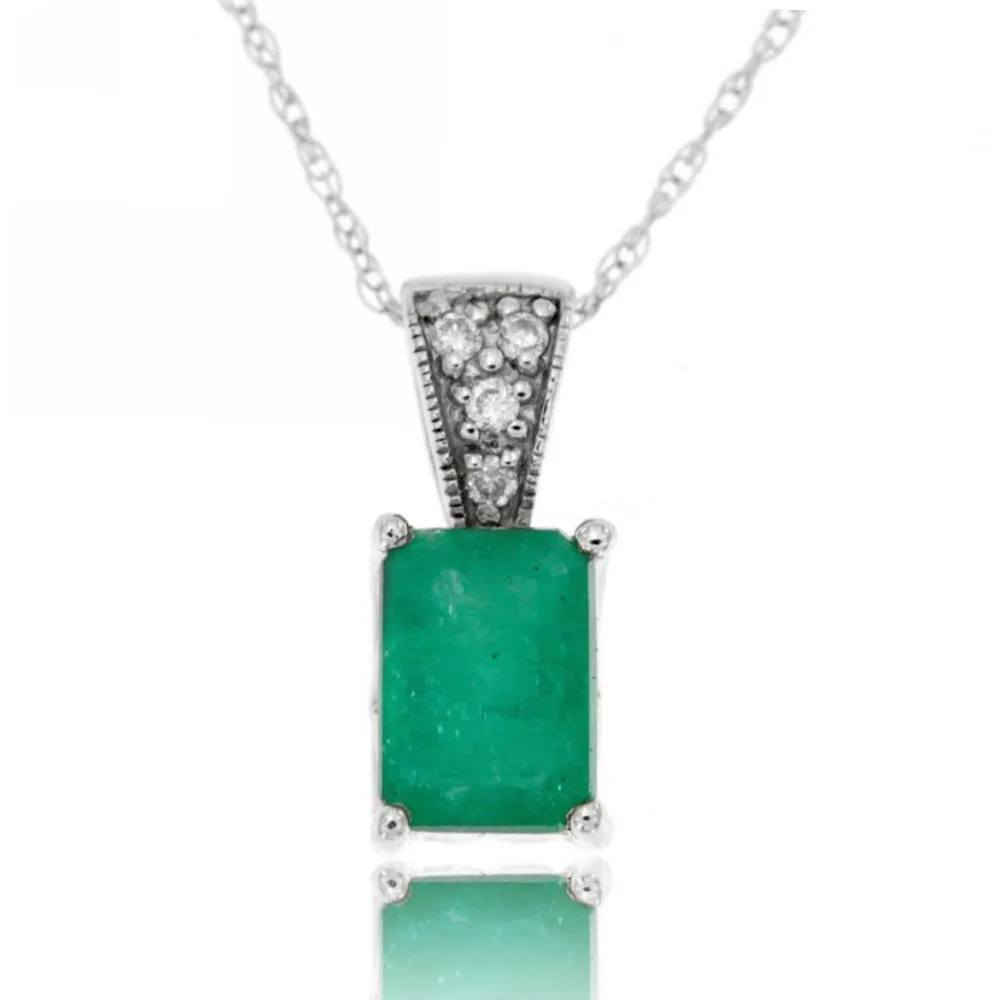 14k White Gold Green Emerald and Diamond Gemstone Pendant , Birthstone of May with 18" Chain.