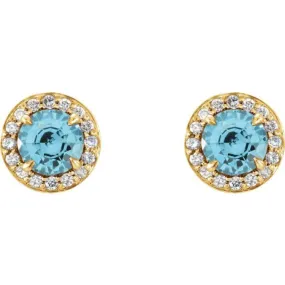 14K Yellow 4.5 mm Natural Blue Zircon & 1/6 CTW Natural Diamond Earrings