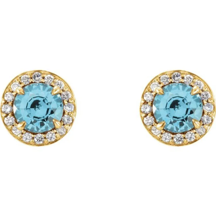 14K Yellow 4.5 mm Natural Blue Zircon & 1/6 CTW Natural Diamond Earrings