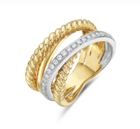 14k Yellow & White Gold Diamond & Rope Crossover Ring (I8408)