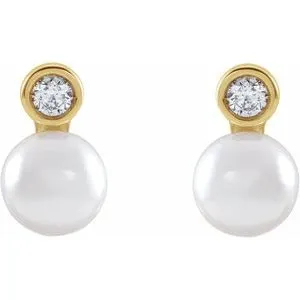 14K Yellow Cultured White Akoya Pearl & .06 CTW Natural Diamond Earrings