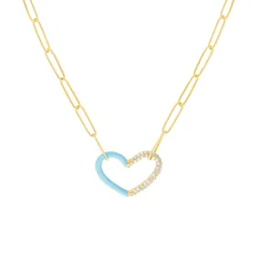 14K Yellow Gold 50/50 Lt. Turquoise Enamel Diamond Heart Necklace