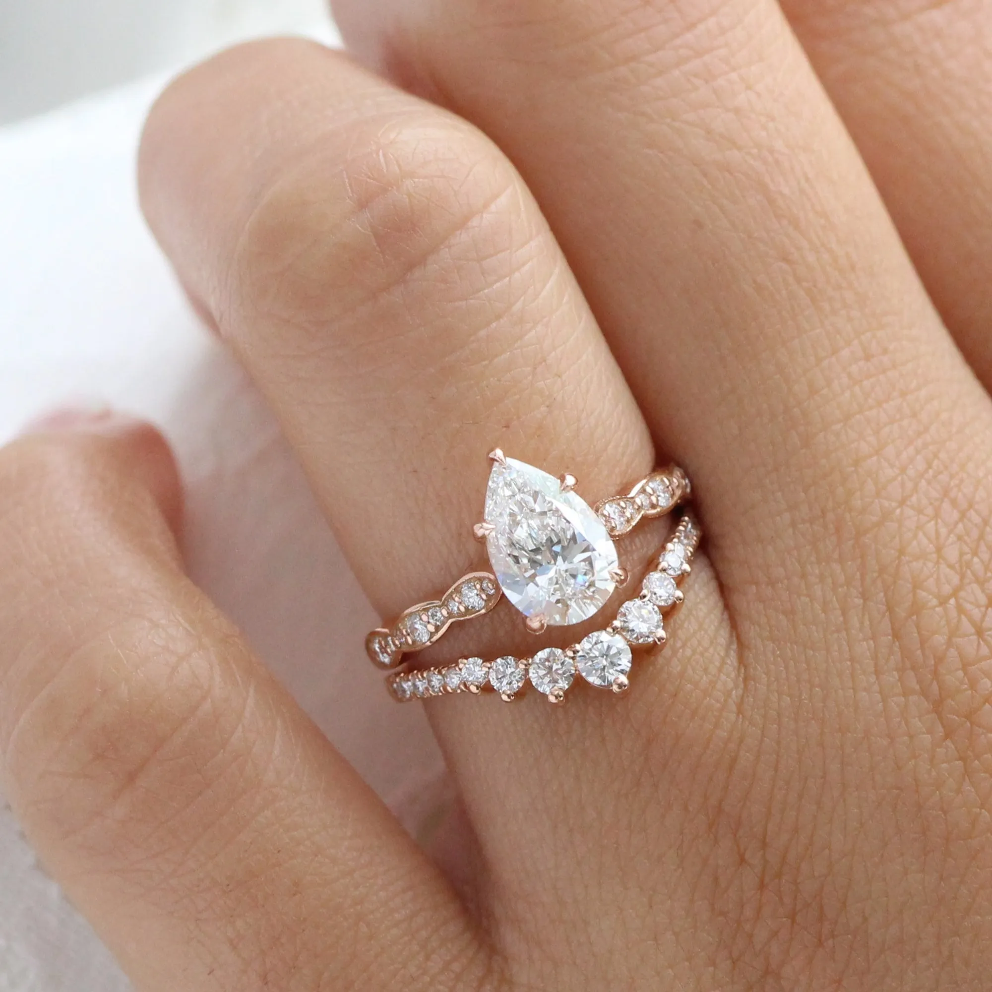 1.70 Ctw Pear Lab Diamond Ring w/ Natural Diamonds in Solitaire Scalloped Band