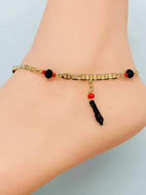 18K Gold Filled Azabache Hand Mariner Link Anklet Bracelet 10" Protection Jewelry / Azabache Bracelet / Anklets / Pulsera de Pie Para Mujer Oro Laminado / Tobilleras