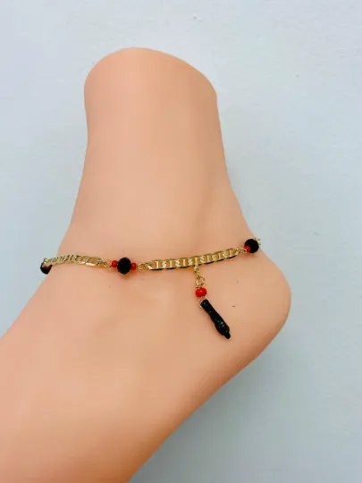 18K Gold Filled Azabache Hand Mariner Link Anklet Bracelet 10" Protection Jewelry / Azabache Bracelet / Anklets / Pulsera de Pie Para Mujer Oro Laminado / Tobilleras