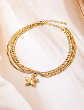 18K Gold Plated Stainless Steel Tarnish-Free Waterproof Multilayer Starfish Charm Anklet