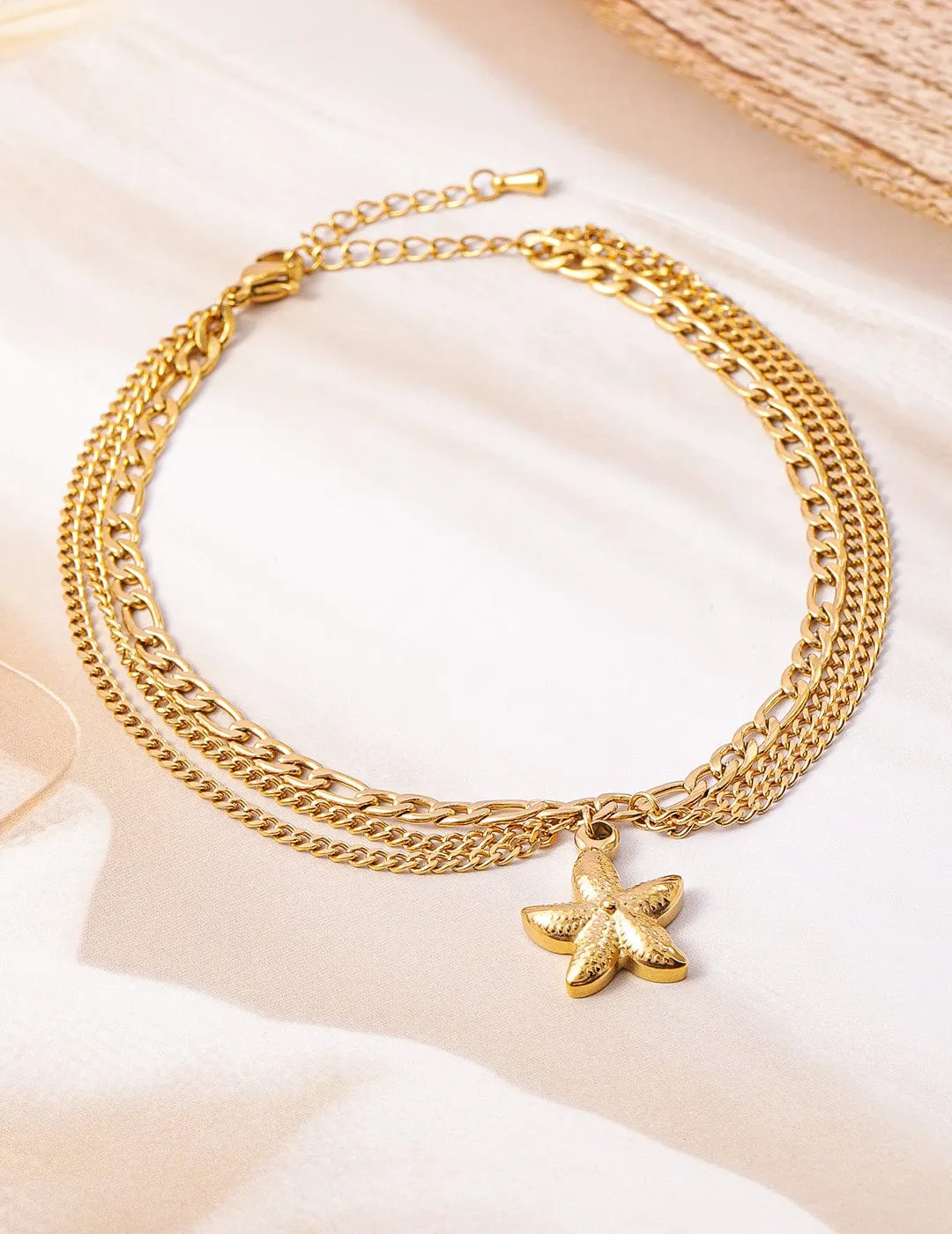 18K Gold Plated Stainless Steel Tarnish-Free Waterproof Multilayer Starfish Charm Anklet