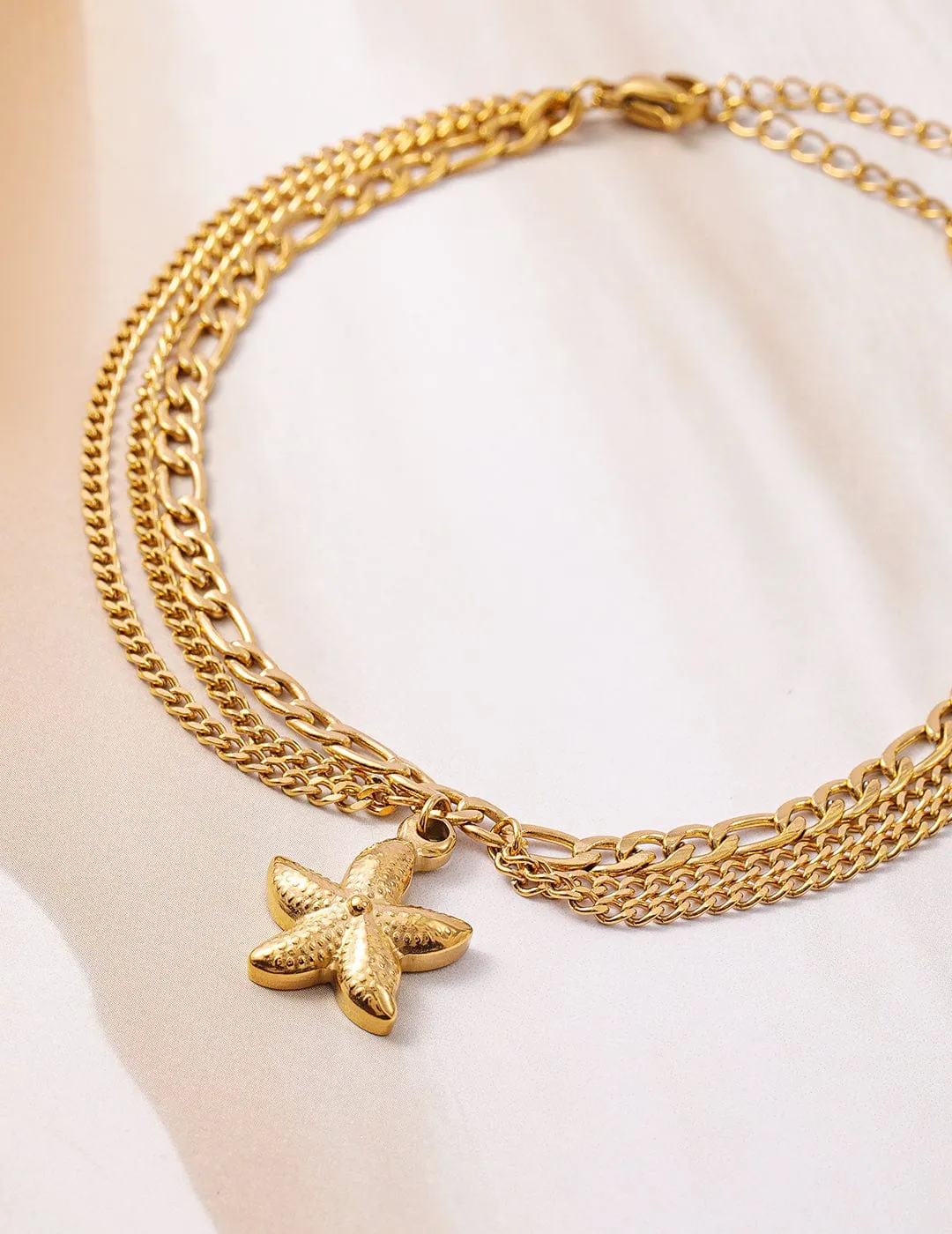 18K Gold Plated Stainless Steel Tarnish-Free Waterproof Multilayer Starfish Charm Anklet