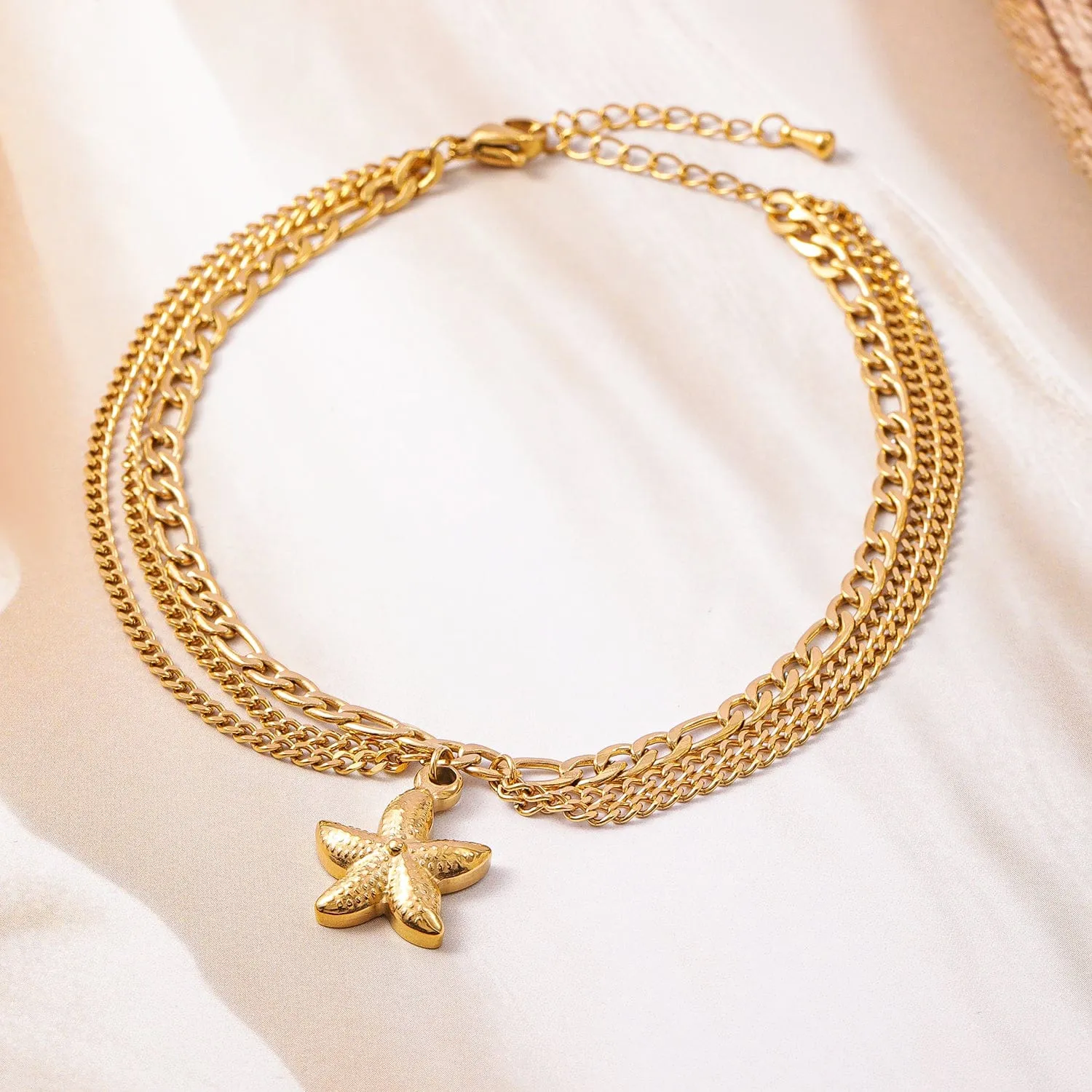 18K Gold Plated Stainless Steel Tarnish-Free Waterproof Multilayer Starfish Charm Anklet