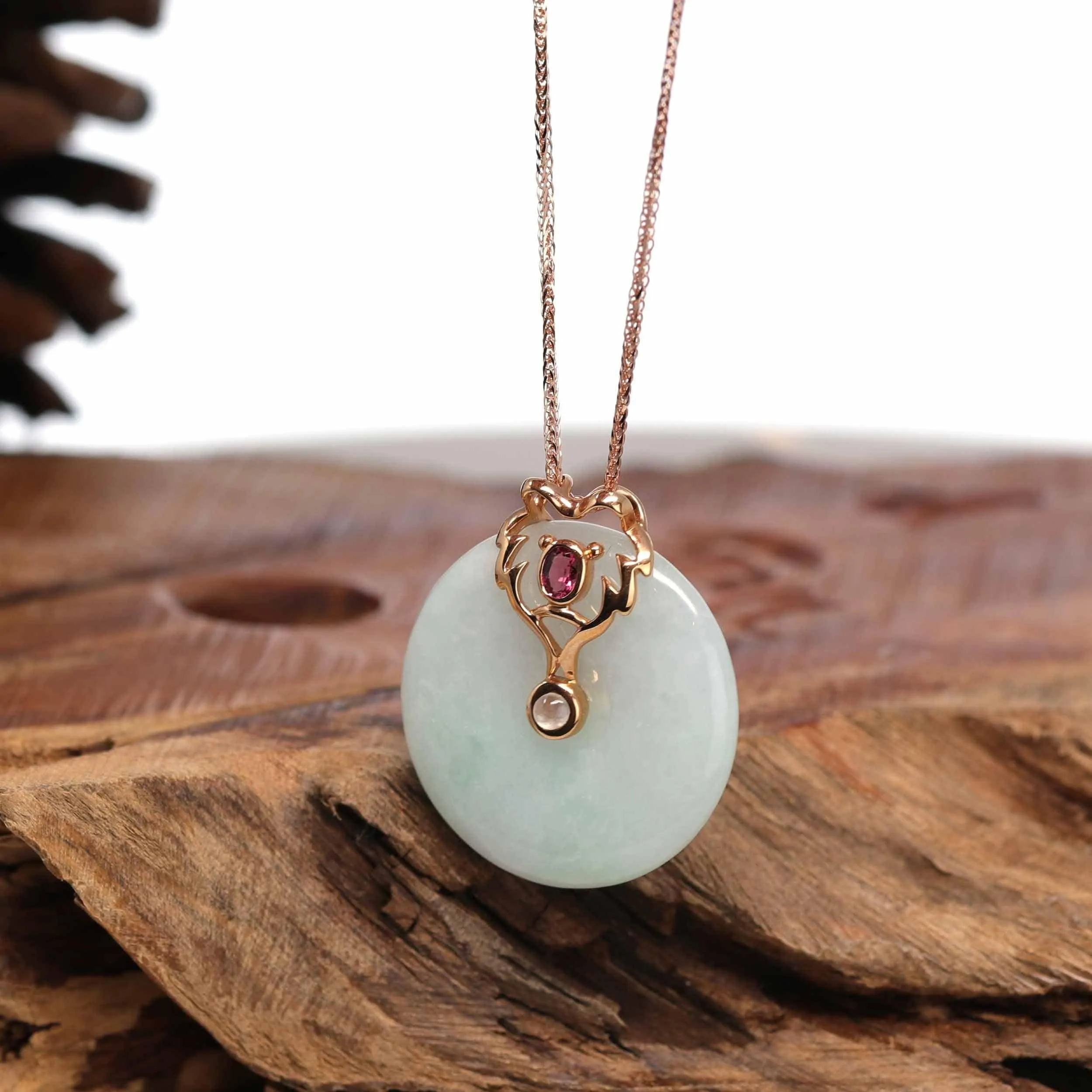 18k Rose Gold Genuine Jadeite Constellation (Leo) Necklace Pendant with Tourmaline