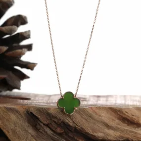 18k Rose Gold Natural Green Nephrite Jade Lucky Four Leaf Clover Necklace