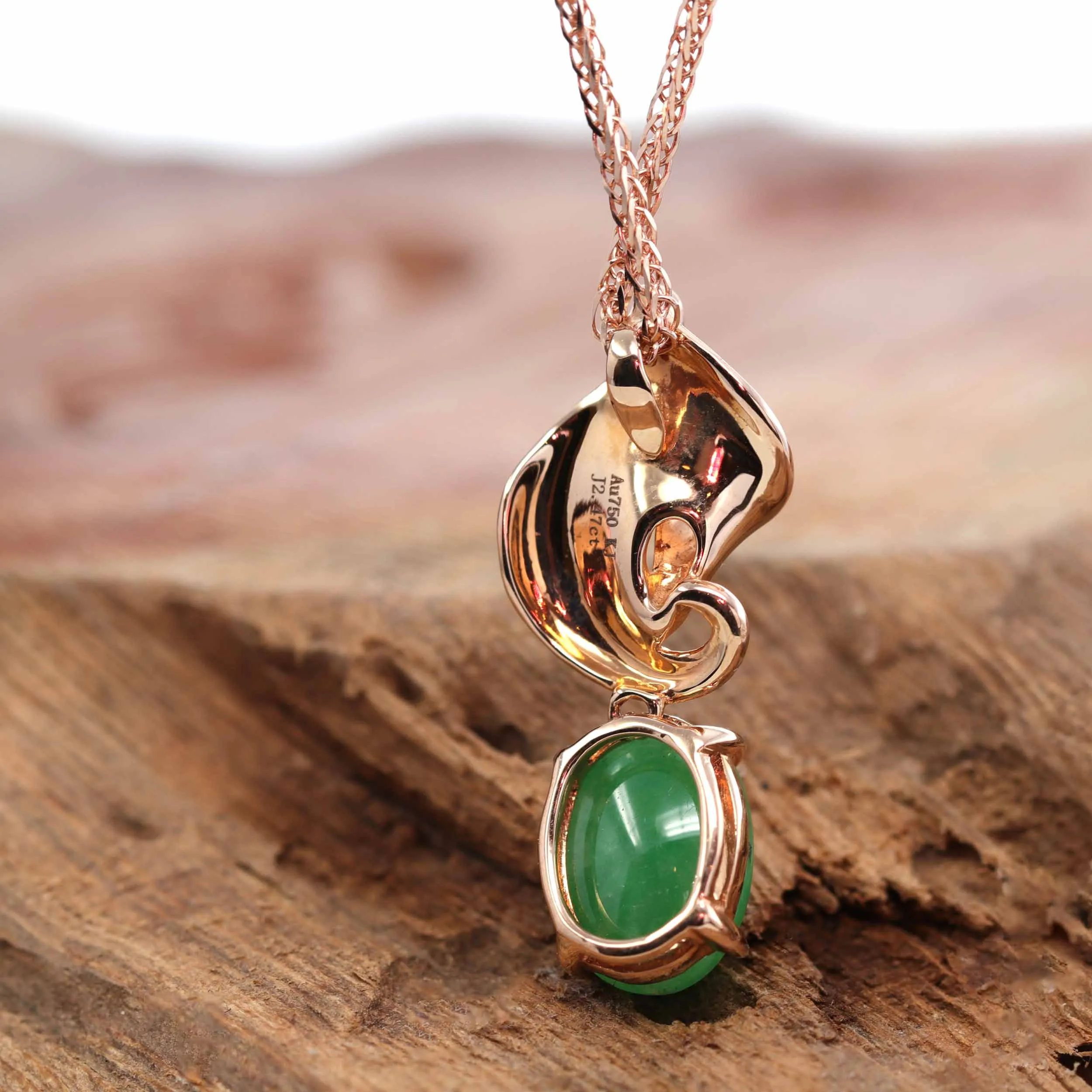 18K Rose Gold "Morning Glory" Genuine Jadeite Jade Pendant with Diamonds