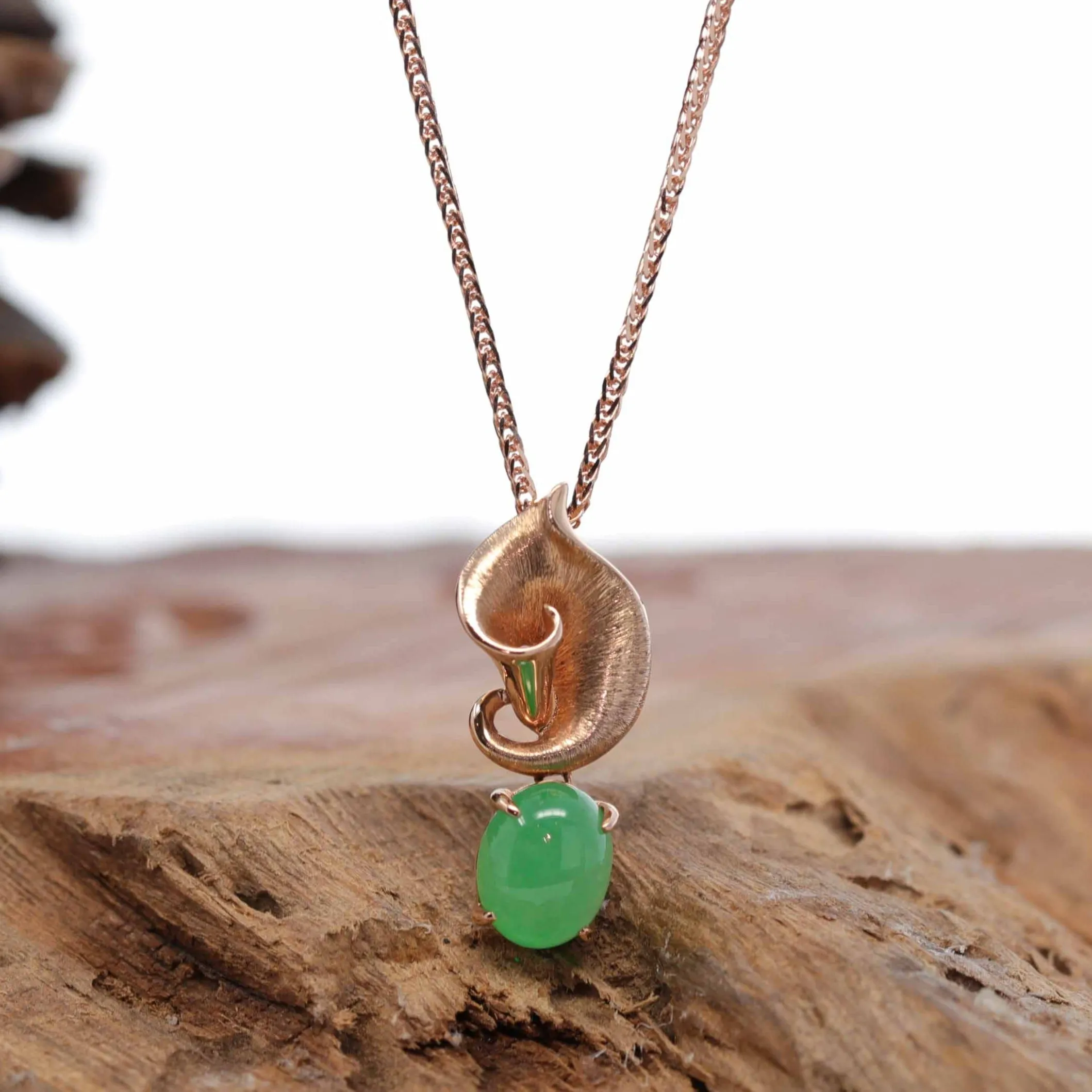 18K Rose Gold "Morning Glory" Genuine Jadeite Jade Pendant with Diamonds