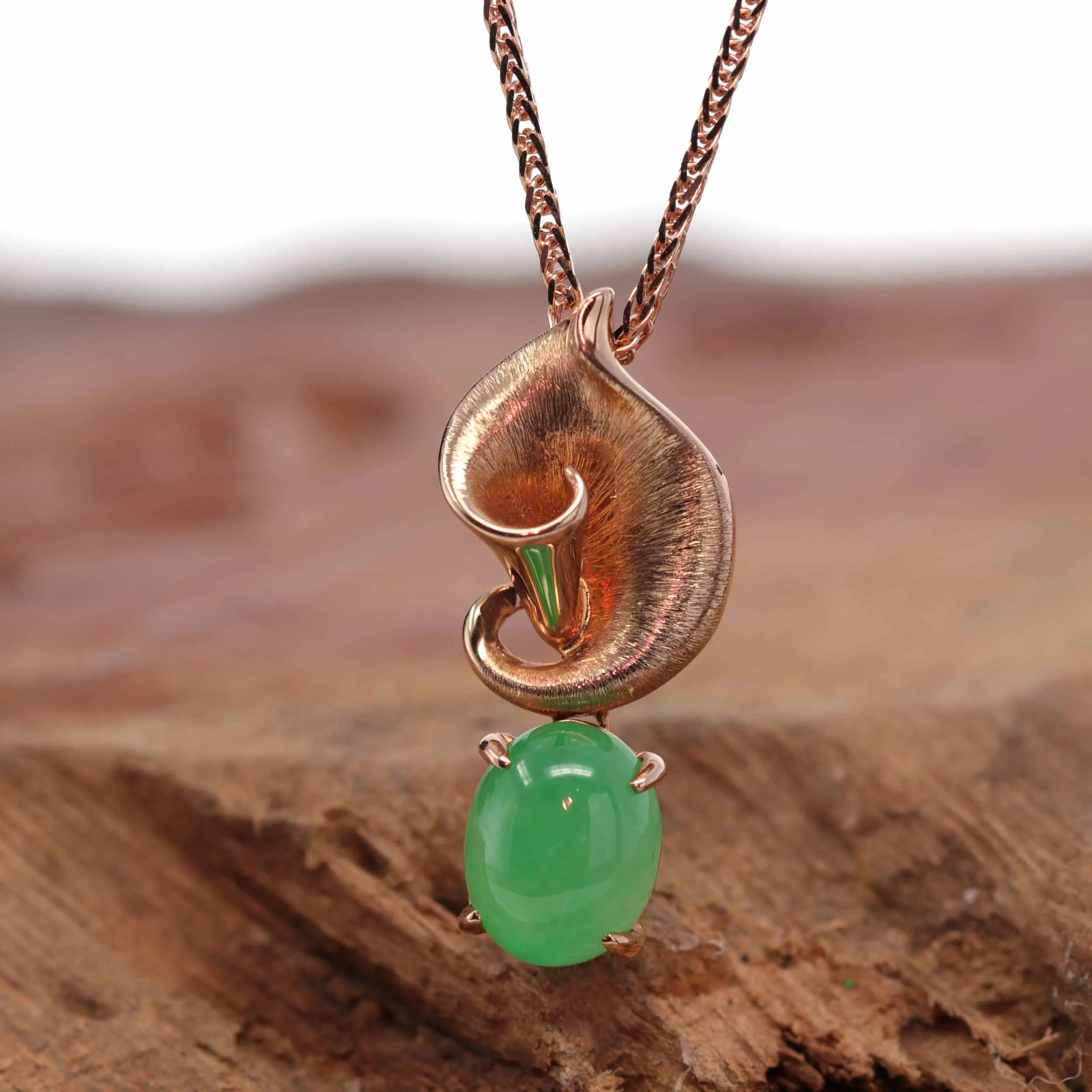 18K Rose Gold "Morning Glory" Genuine Jadeite Jade Pendant with Diamonds