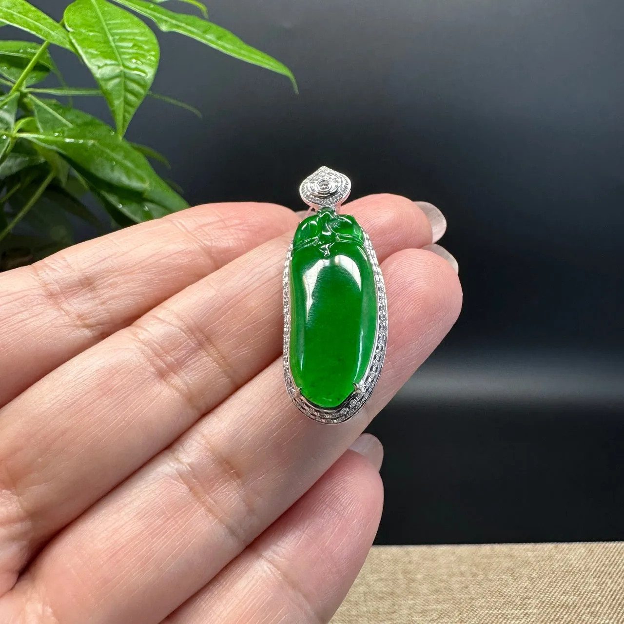 18K White Gold High end Guatemala Green Jadeite Jade Shou Tao Pendant with Diamond