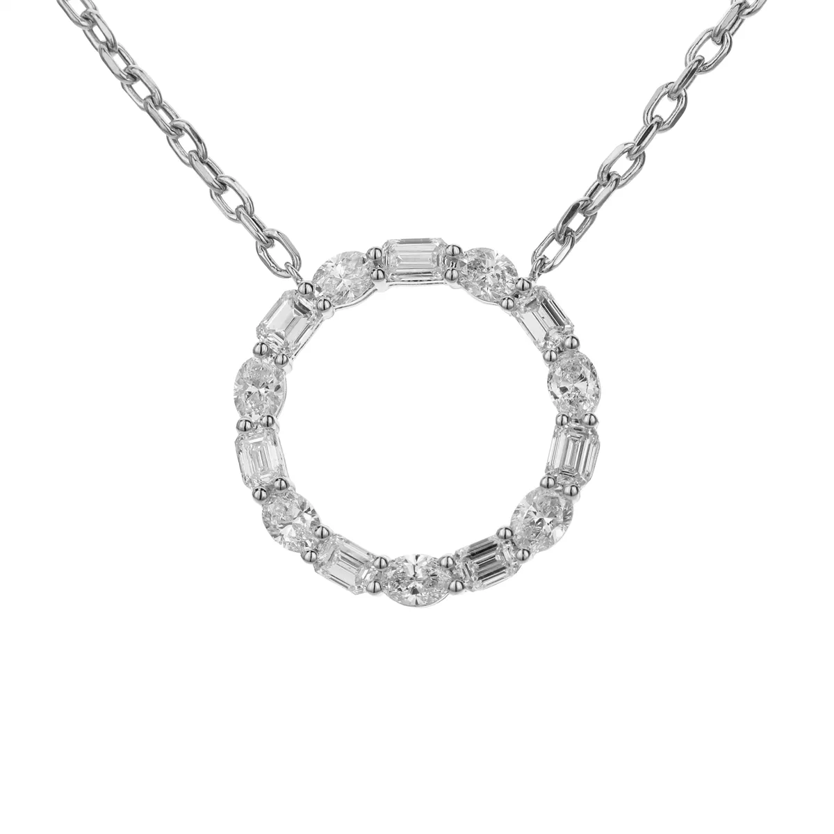 18K White Gold Open Circle Oval and Emerald Cut Diamond Pendant Necklace