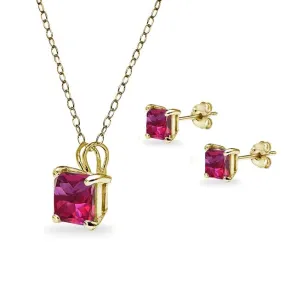 18K Yellow Gold 1ct Ruby Square 18 Inch Necklace and Earrings Set Plated