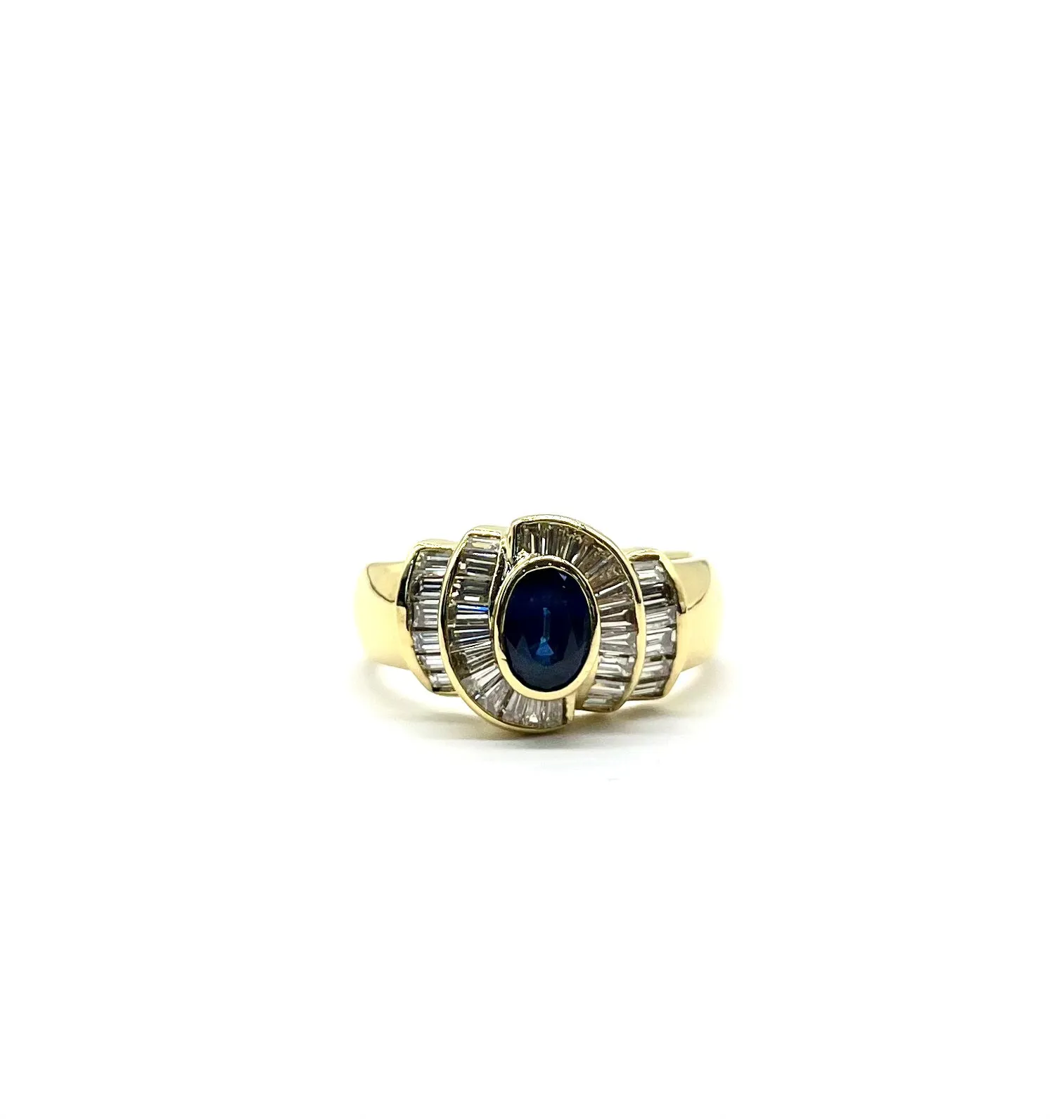 18k Yellow Gold Bezel Sapphire Ring with Baguette Cut Diamonds