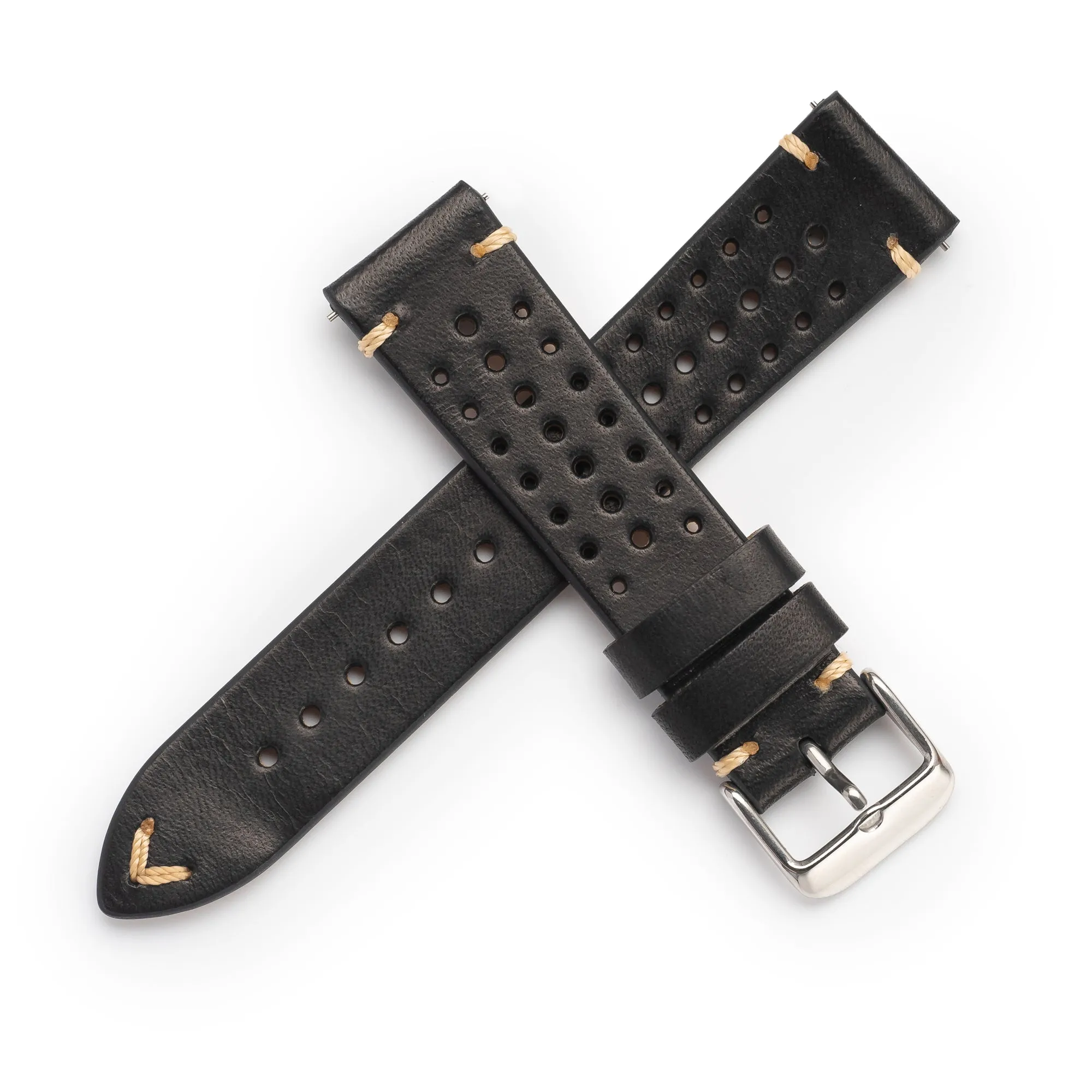 20mm 22mm Quick Release Rally Racing Leather Watch Strap - Black