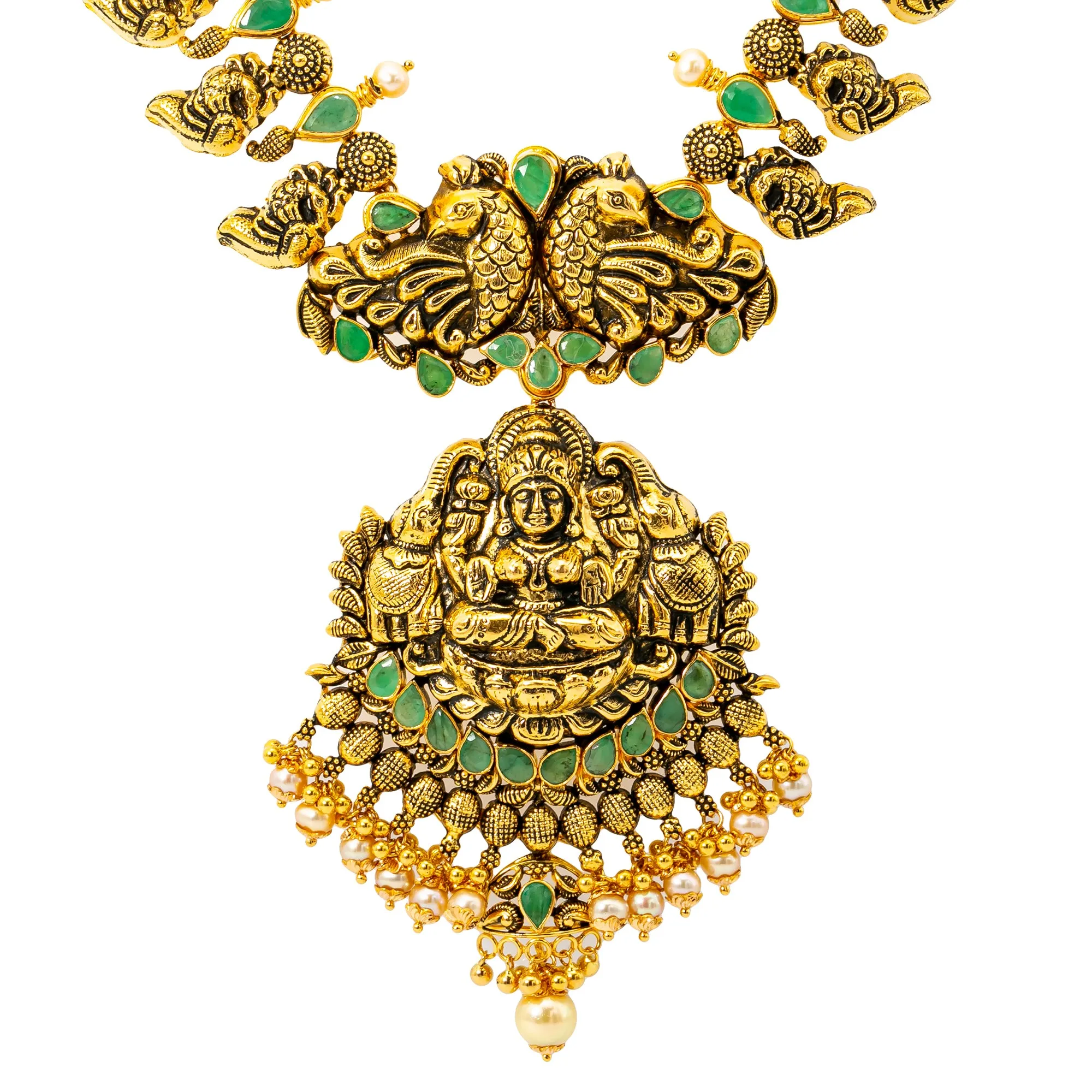 22K Antique Gold, Emerald, & Pearl Goddess Laxmi Necklace (90.3 grams)