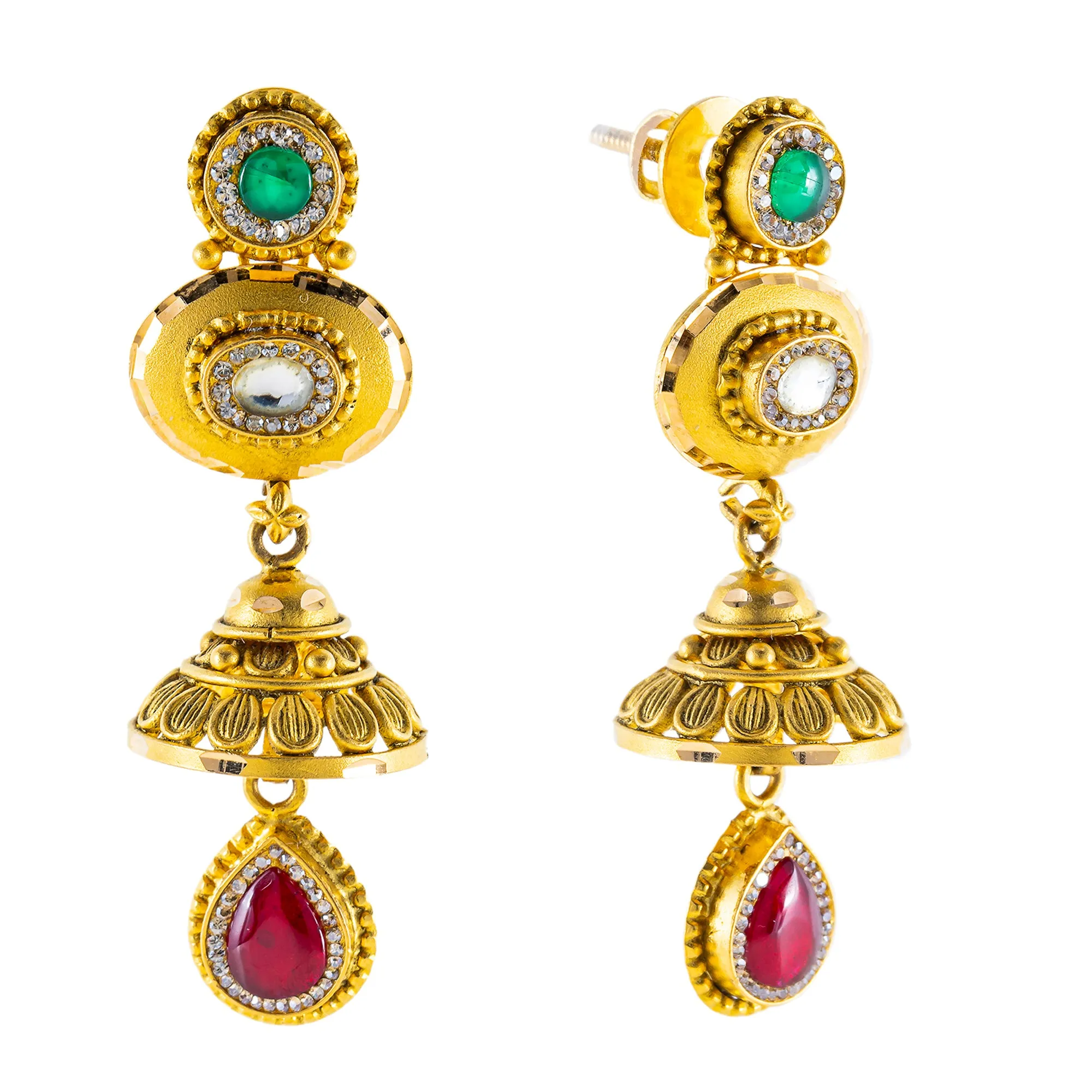 22K Yellow Gold Bridal Necklace Set w/ CZ, Emerald, Kundan & Ruby (78.4gm)