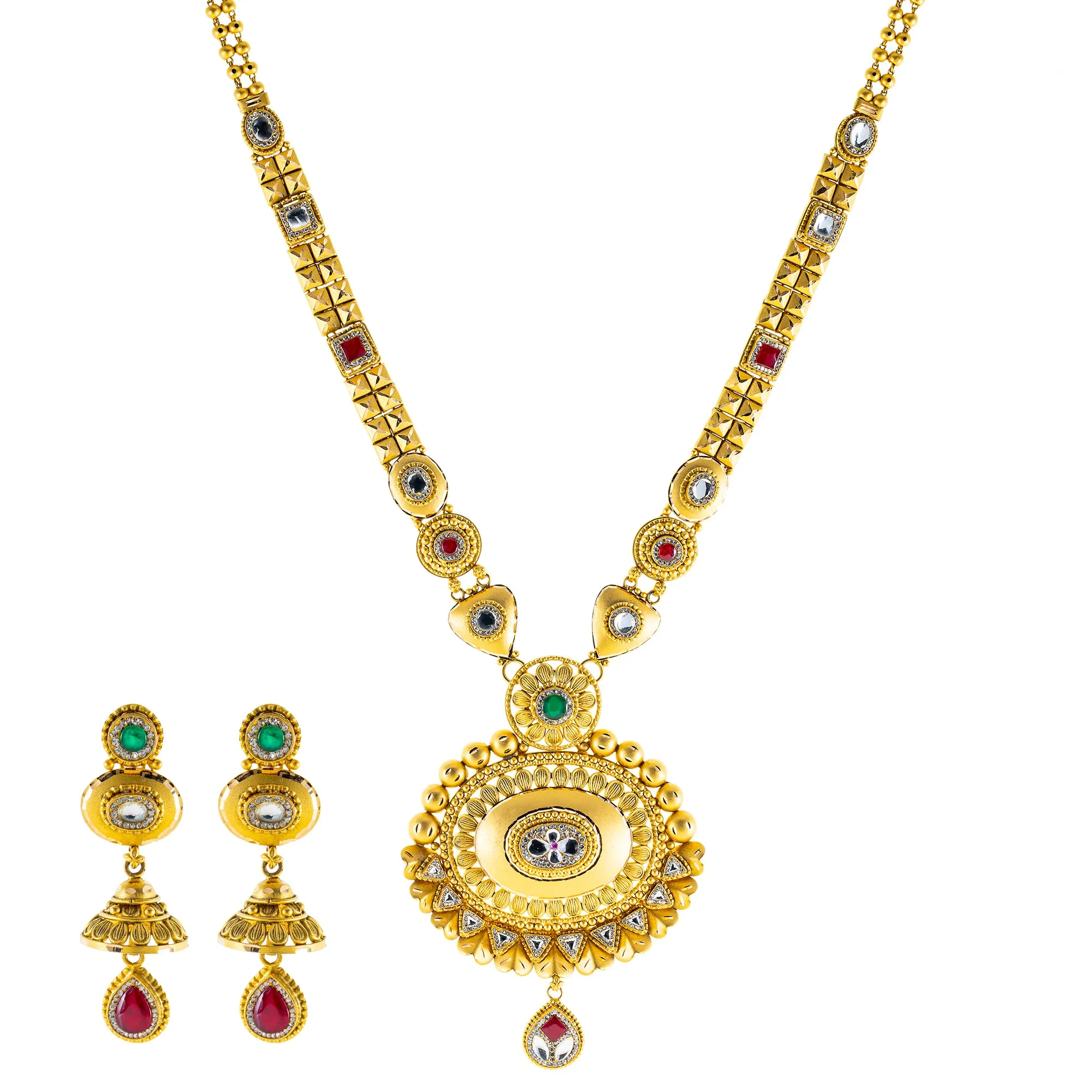 22K Yellow Gold Bridal Necklace Set w/ CZ, Emerald, Kundan & Ruby (78.4gm)