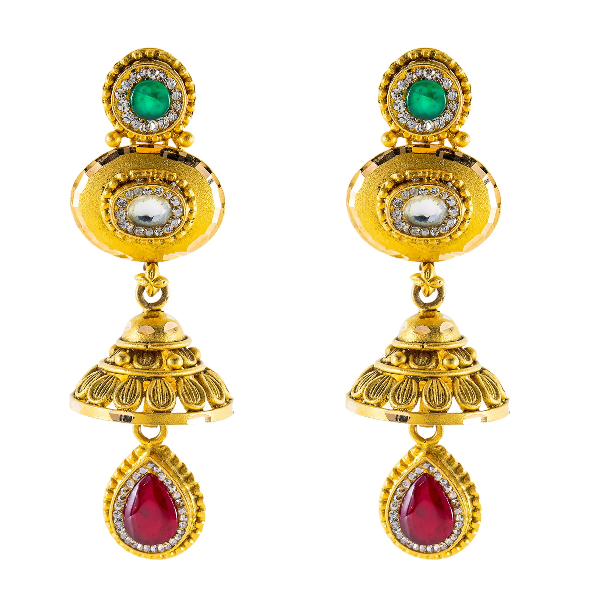 22K Yellow Gold Bridal Necklace Set w/ CZ, Emerald, Kundan & Ruby (78.4gm)