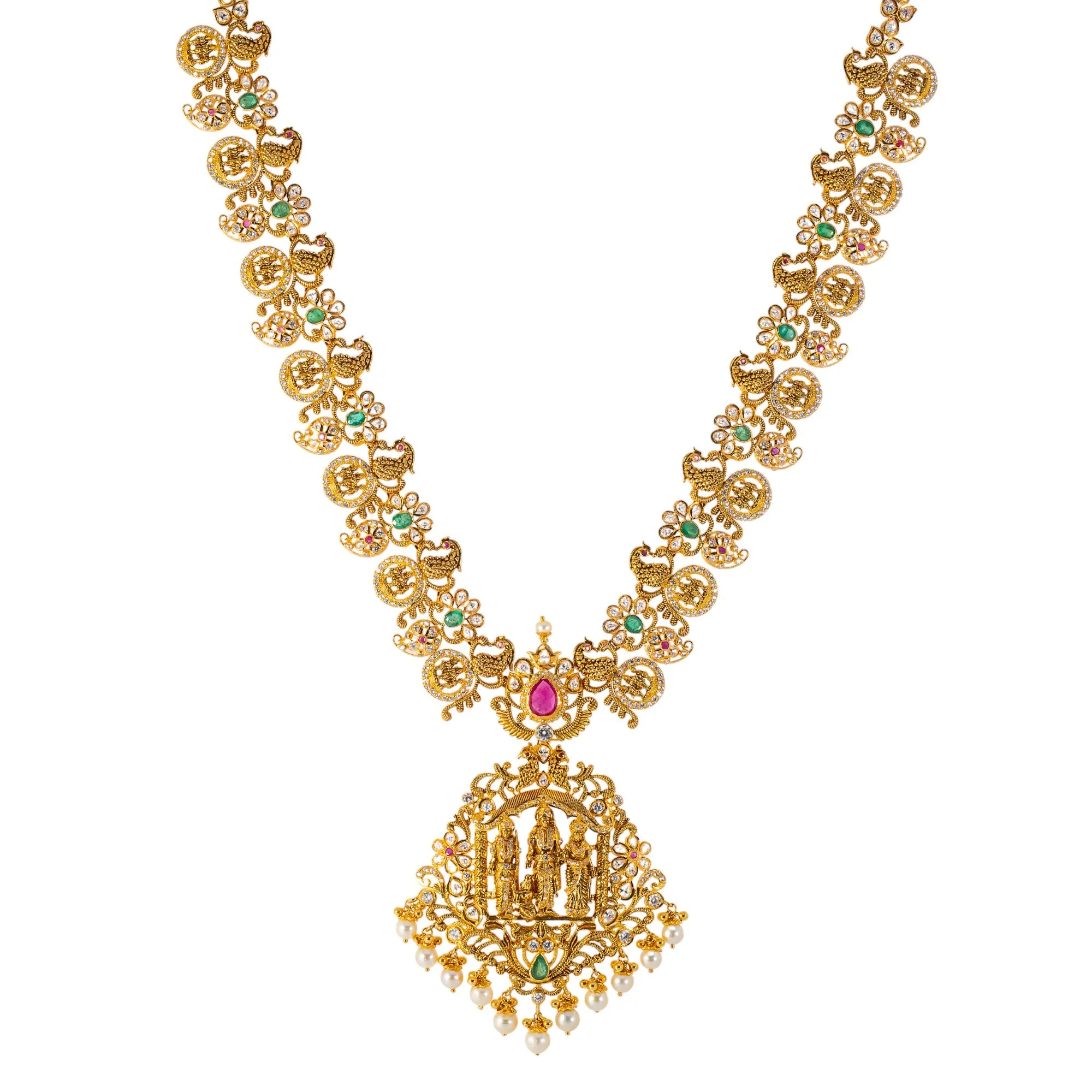 22k Yellow Gold Temple Necklace Set  w/ Gemstones & Pearls (130.6gm)