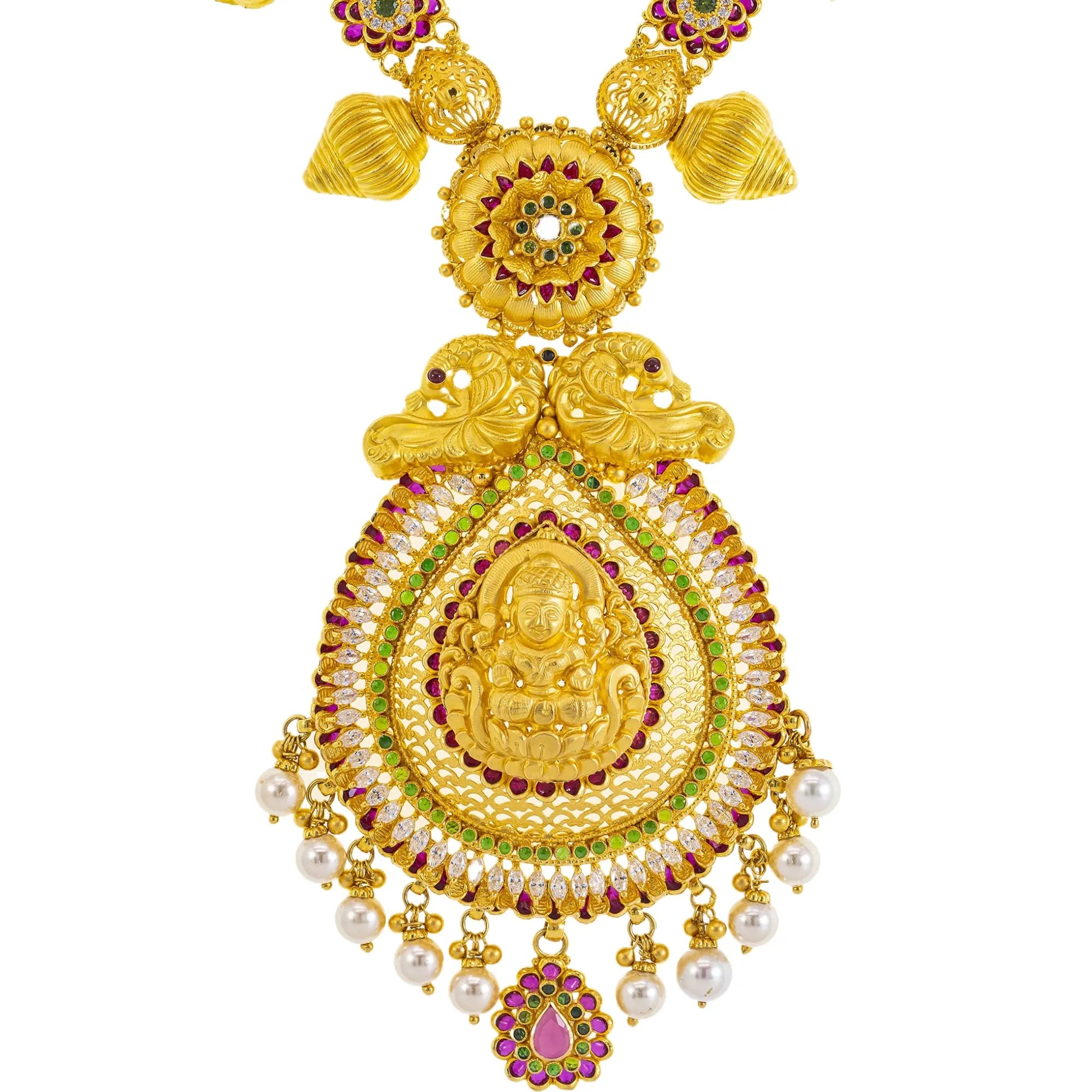 22K Yellow Gold Temple Necklace w/ Emerald, Ruby, CZ, and Pearl (150.5gm)