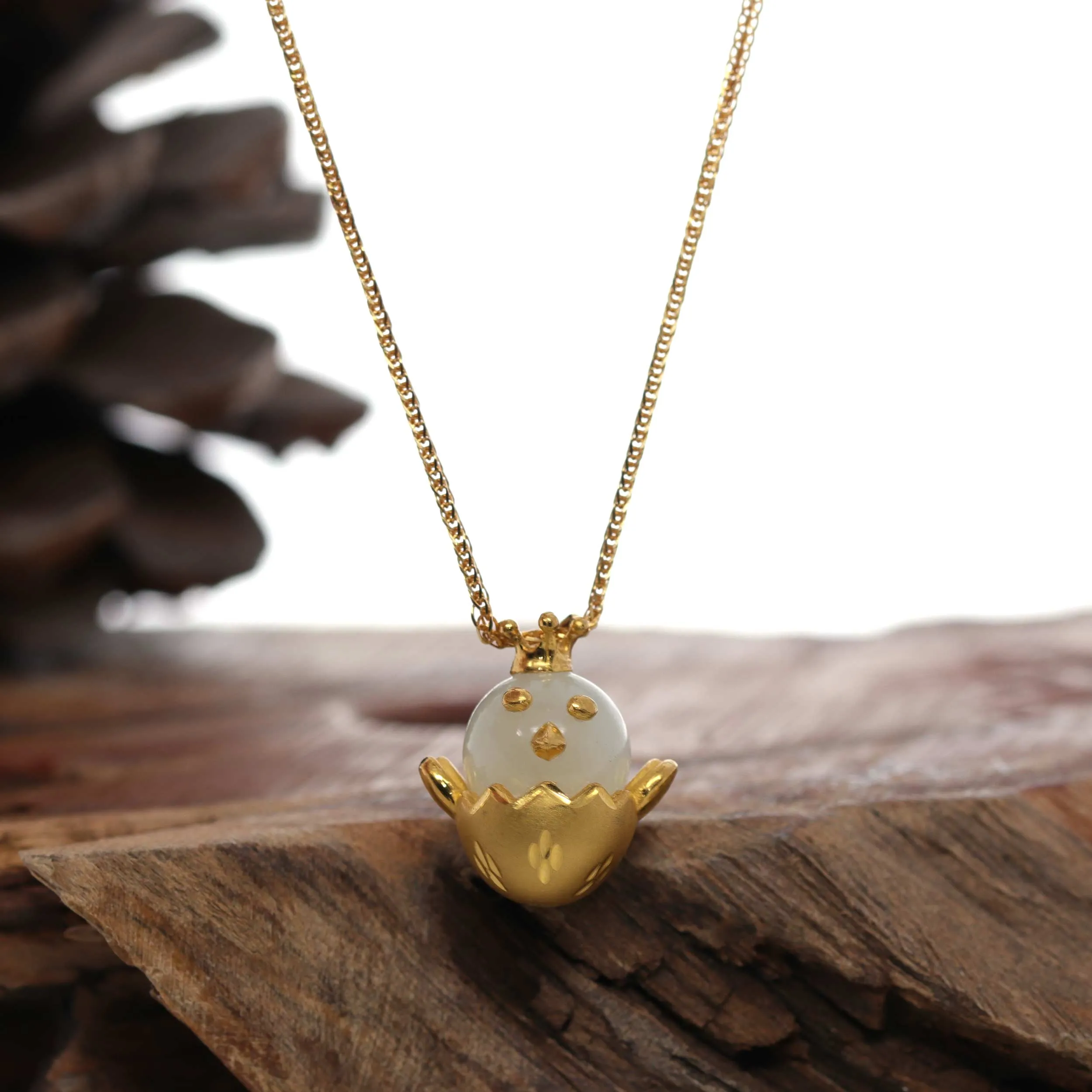 24k Yellow Gold Genuine Nephrite White Jade Chicken Pendant Necklace